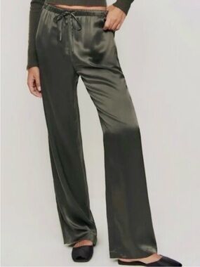 NWT Reformation Olive Satin Wide-Leg Drawstring Pants